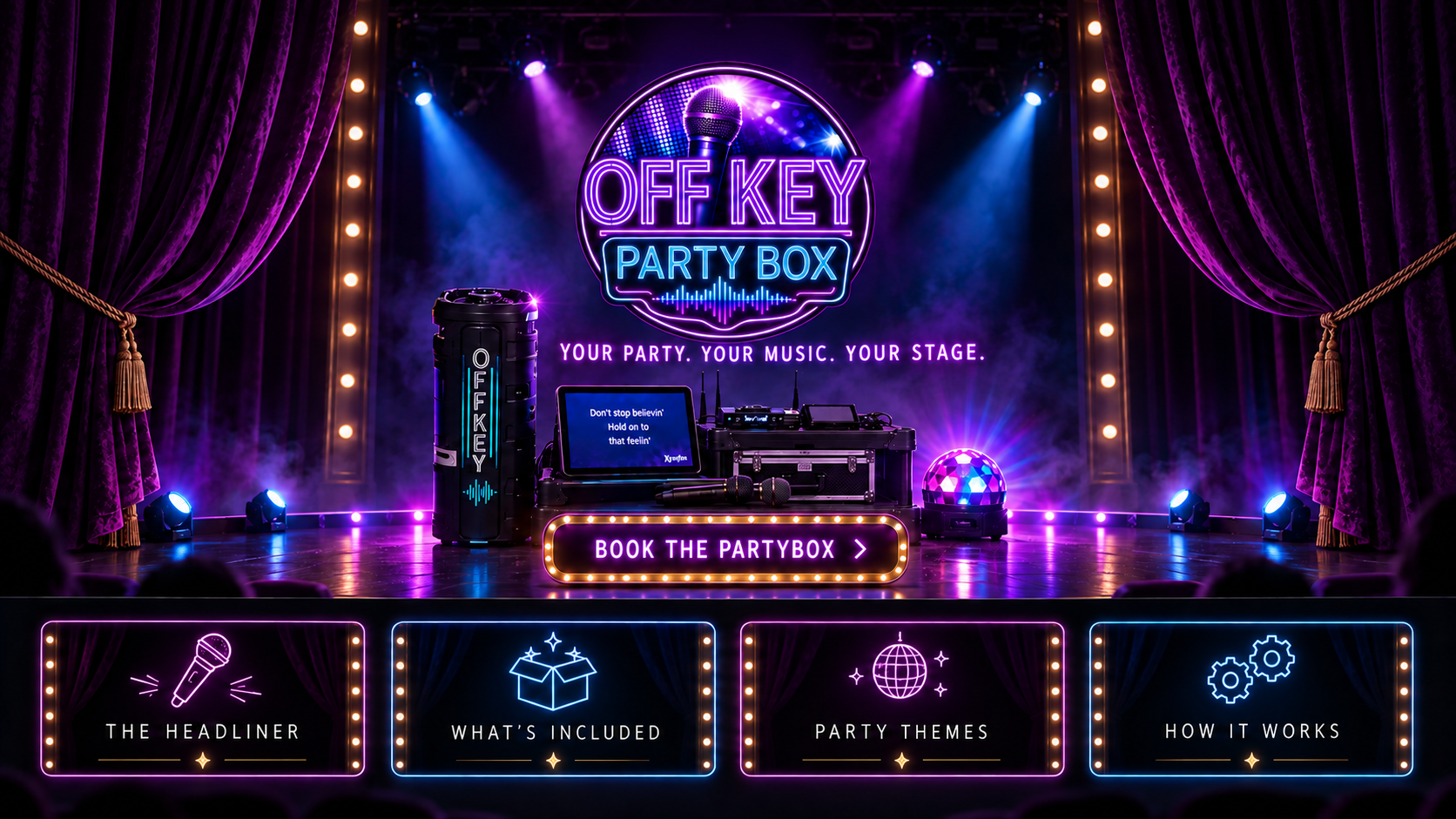 Off Key Party Box stage with karaoke equipment, purple curtains, spotlights, and four service options